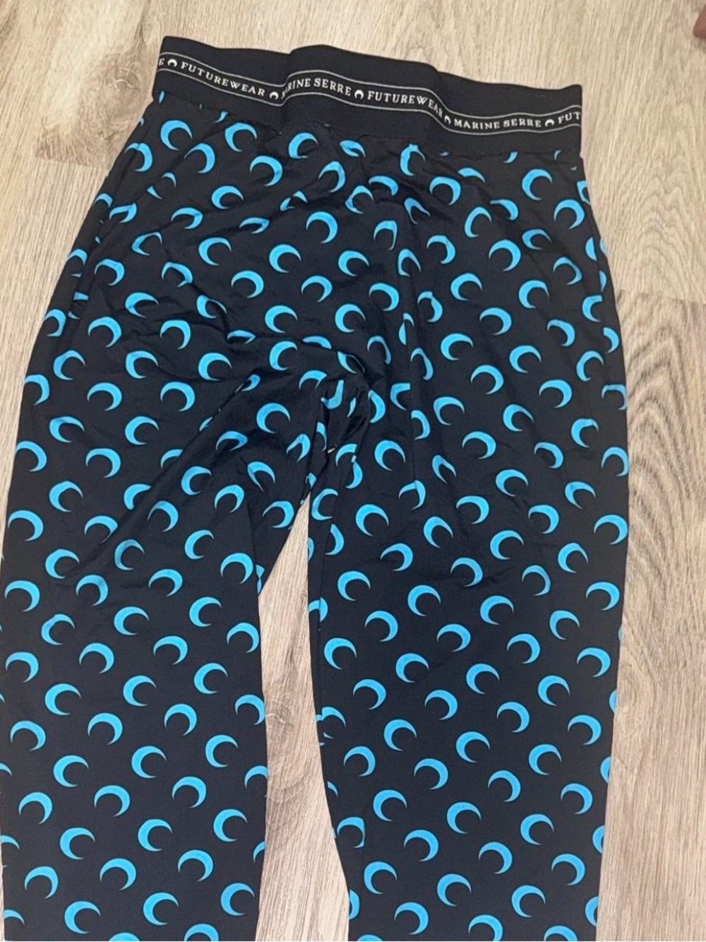 Marine Serre Black Leggings with Bright Blue Crescent Moon Print